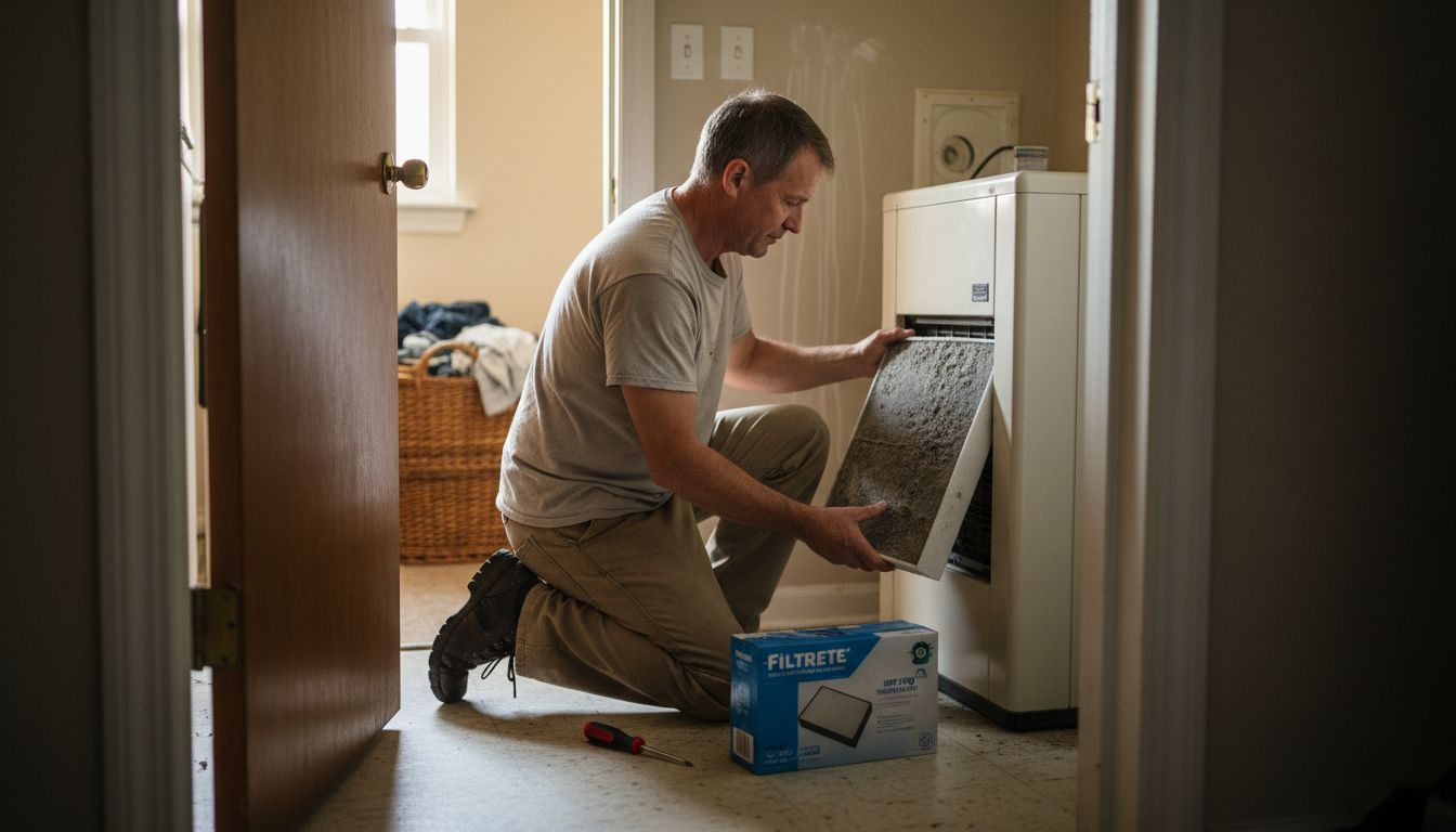 Homeowner removing dirty HVAC air filter in utility closet